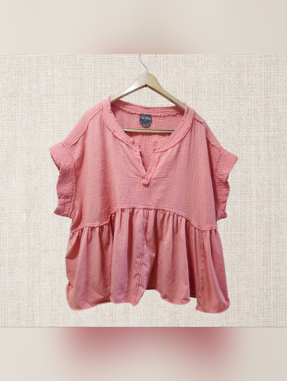 ARULA Coral Pink Over-Sized Gauze Peplum Blouse